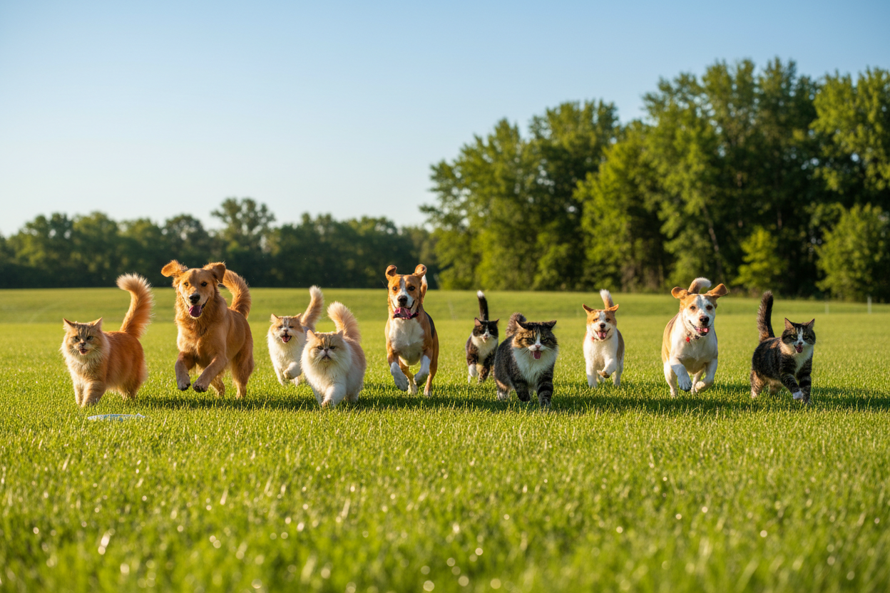生成阳光下，草坪上，猫狗快乐奔跑的图片，风格尽量写实